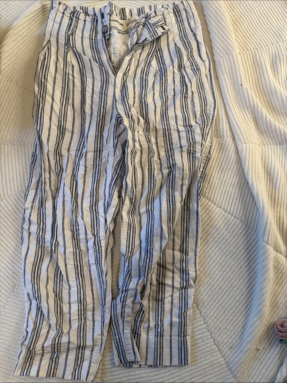 Madewell White with Navy Vertical-Stripe Wide-Leg Pants